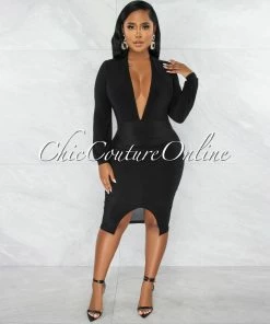 Chic Couture Online Dager Black Deep-V Draped Front Slit Midi Dress JUST IN