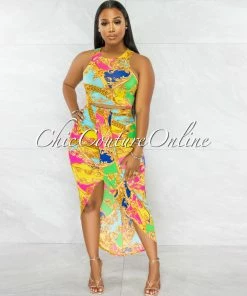 Vendor-unknown JUST IN Polar Multi-Color Print Crop Top & Drape Skirt Set