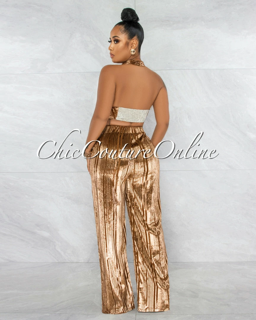 Vendor-unknown JUST IN Amellie Bronze Velvet Shimmer Crop Top & Wide Pants Set