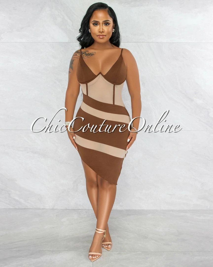 Vendor-unknown Griega Brown Nude Mesh Accent Asymmetrical Hem Dress JUST IN