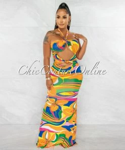Chic Couture Online Curry Orange Multi-Color Print Knot Cut-Out Maxi Dress