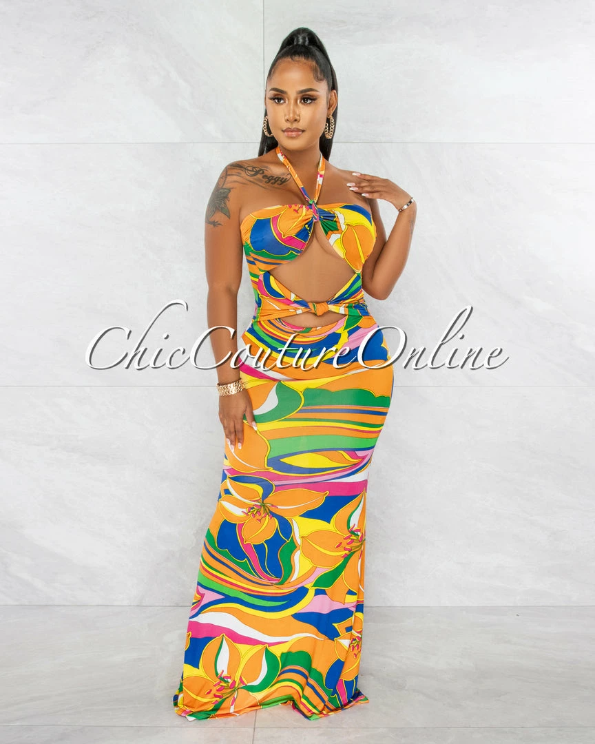 Chic Couture Online Curry Orange Multi-Color Print Knot Cut-Out Maxi Dress