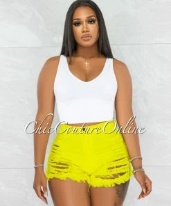 Vendor-unknown JUST IN Pamelah Yellow Denim Distressed Shorts