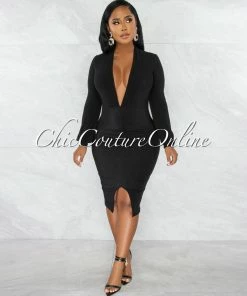 Chic Couture Online Dager Black Deep-V Draped Front Slit Midi Dress JUST IN