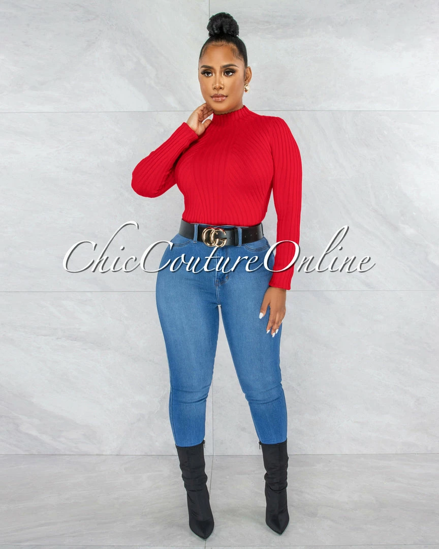 Vendor-unknown JUST IN Wisteria Red Ribbed Long Sleeves Bodysuit
