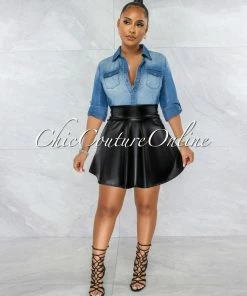 Vendor-unknown JUST IN Palagua Black Faux Leather Flutter Mini Skirt