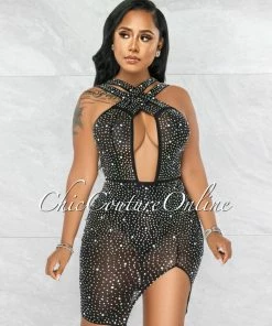 Vendor-unknown Hamidi Black Rhinestones & Pearls Mesh Criss-Cross Dress