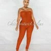 Chic Couture Online JUST IN Mikela Rust Mesh Sheer Ruched Lace-Up Sides Jumpsuit