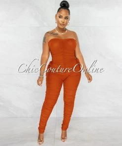 Chic Couture Online JUST IN Mikela Rust Mesh Sheer Ruched Lace-Up Sides Jumpsuit
