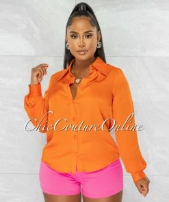 Chic Couture Online Florence Orange Collared Silky Blouse JUST IN