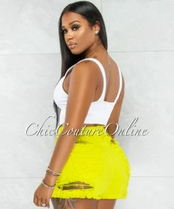 Vendor-unknown JUST IN Pamelah Yellow Denim Distressed Shorts