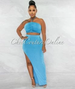 Chic Couture Online Lucille Turquoise Ruched Silver Accent Top & Maxi Slit Skirt Set JUST IN