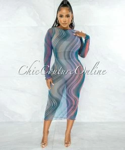 Chic Couture Online Lojean Hunter Green Multi-Color Print Mesh Cover-Up Maxi Dress