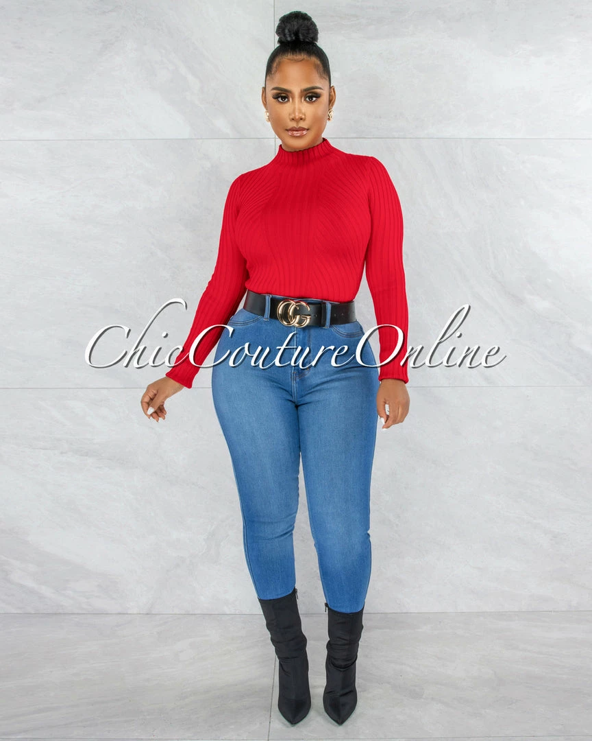 Vendor-unknown JUST IN Wisteria Red Ribbed Long Sleeves Bodysuit