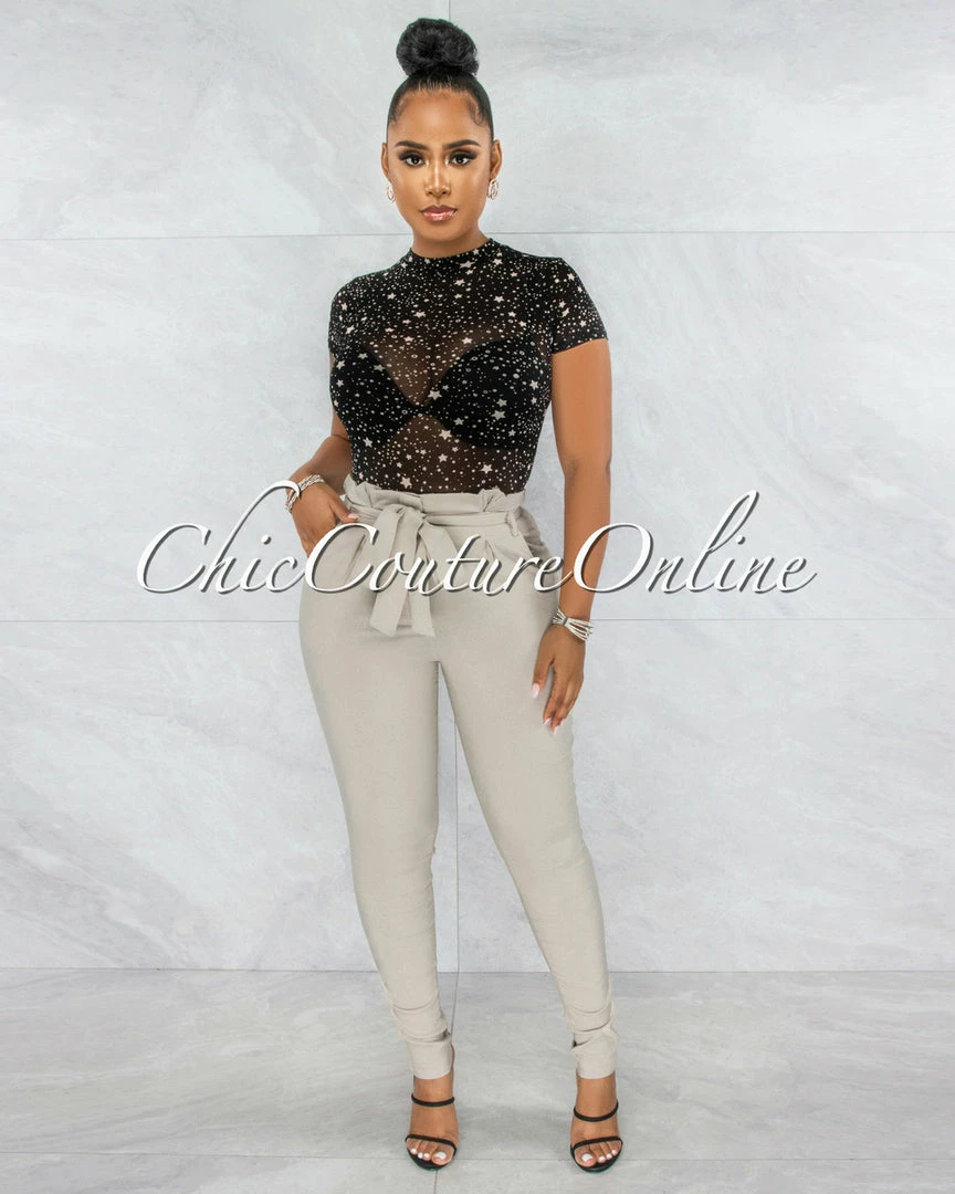 Vendor-unknown JUST IN Jarrett Taupe Pleated Paper Bag Tie Belt Pants