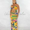 Chic Couture Online Curry Orange Multi-Color Print Knot Cut-Out Maxi Dress