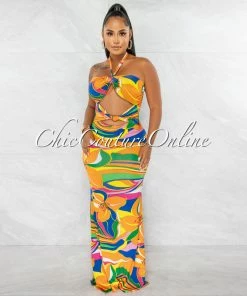 Chic Couture Online Curry Orange Multi-Color Print Knot Cut-Out Maxi Dress