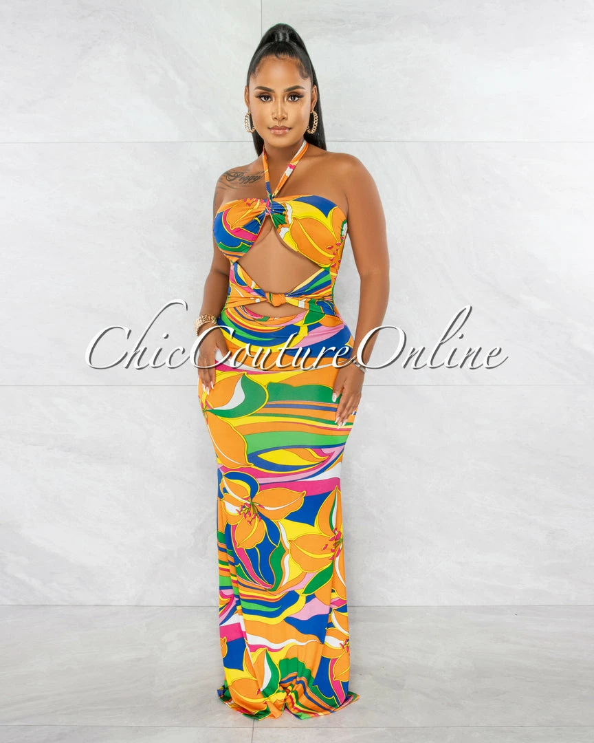 Chic Couture Online Curry Orange Multi-Color Print Knot Cut-Out Maxi Dress