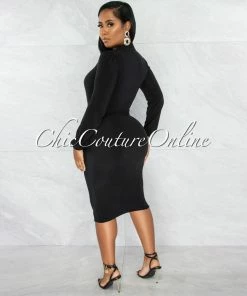 Chic Couture Online Dager Black Deep-V Draped Front Slit Midi Dress JUST IN