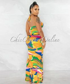 Chic Couture Online Curry Orange Multi-Color Print Knot Cut-Out Maxi Dress
