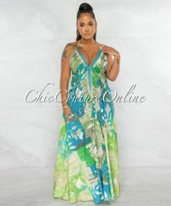 Chic Couture Online Alexandria Green Print Silver Sequins Halter Maxi Dress