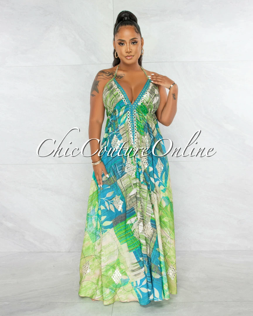 Chic Couture Online Alexandria Green Print Silver Sequins Halter Maxi Dress