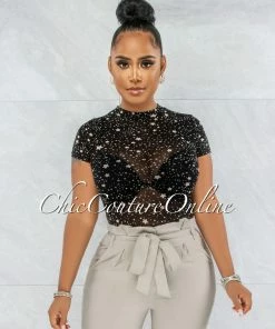 Vendor-unknown Kerta Black Nude Stars Print Sheer Mesh Bodysuit JUST IN