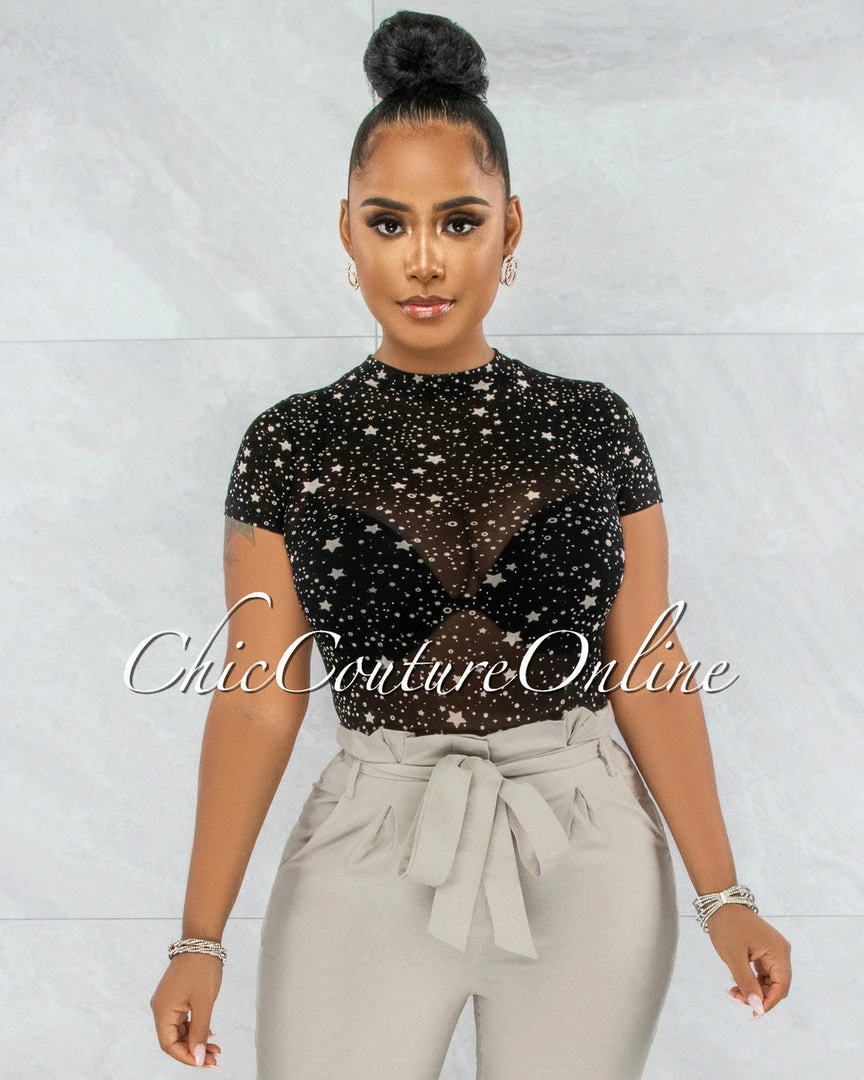 Vendor-unknown Kerta Black Nude Stars Print Sheer Mesh Bodysuit JUST IN