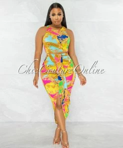 Vendor-unknown JUST IN Polar Multi-Color Print Crop Top & Drape Skirt Set