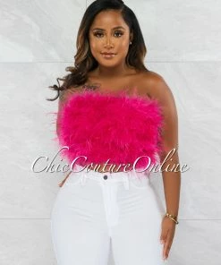 Chic Couture Online Lara Fuchsia Feather Crop Top JUST IN
