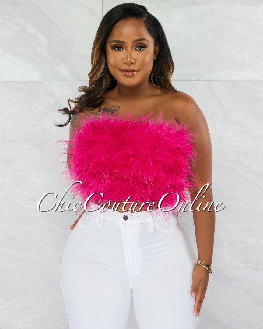Chic Couture Online Lara Fuchsia Feather Crop Top JUST IN