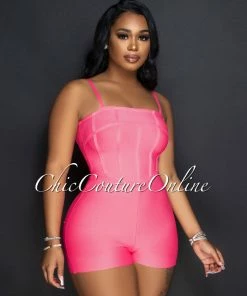 Vendor-unknown JUST IN Zariel Neon Pink Trim Details Bandage Romper