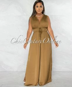 Chic Couture Online Allison Olive Green Double Tie Waist Silky Jumpsuit JUST IN