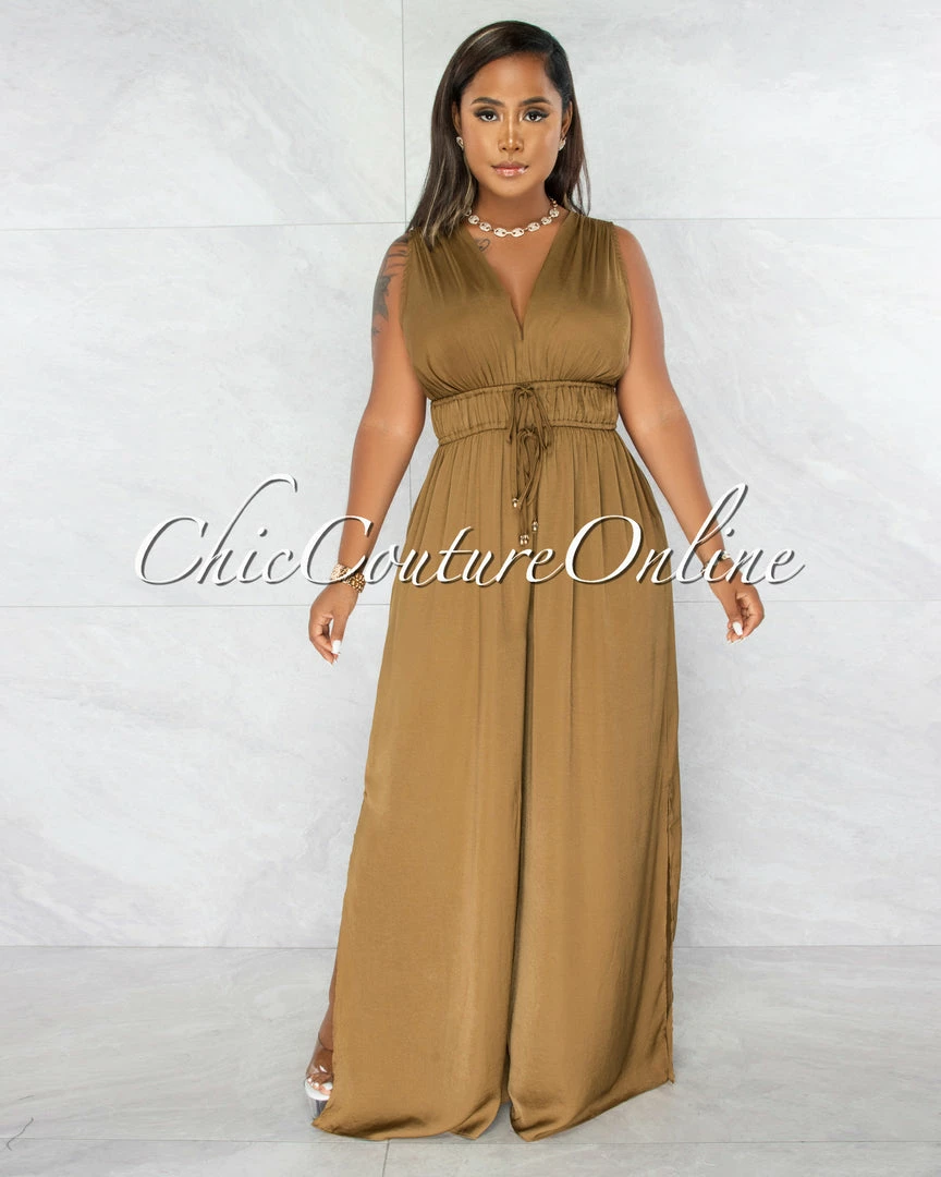 Chic Couture Online Allison Olive Green Double Tie Waist Silky Jumpsuit JUST IN