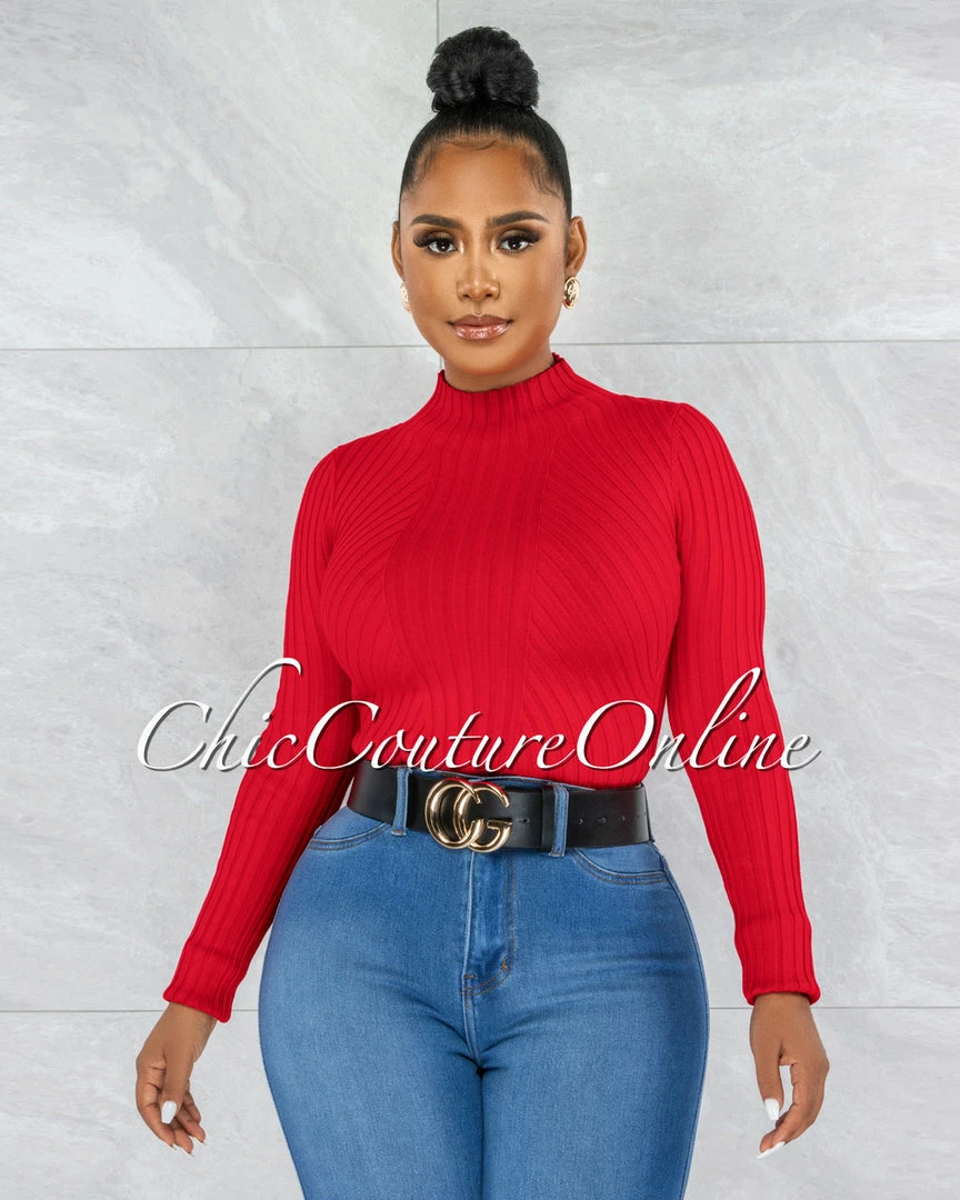 Vendor-unknown JUST IN Wisteria Red Ribbed Long Sleeves Bodysuit
