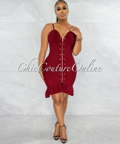 Vendor-unknown Perina Burgundy Gold Snaps Bandage Ruffle Dress
