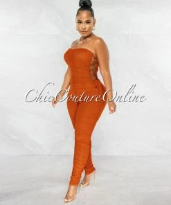 Chic Couture Online JUST IN Mikela Rust Mesh Sheer Ruched Lace-Up Sides Jumpsuit