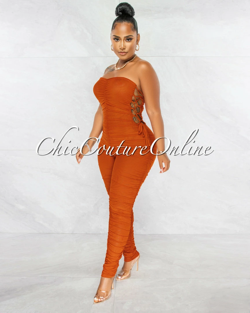 Chic Couture Online JUST IN Mikela Rust Mesh Sheer Ruched Lace-Up Sides Jumpsuit