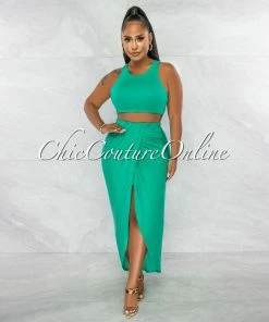 Chic Couture Online Klein Emerald Crop Racer Top & Draped Slit Maxi Skirt Set JUST IN