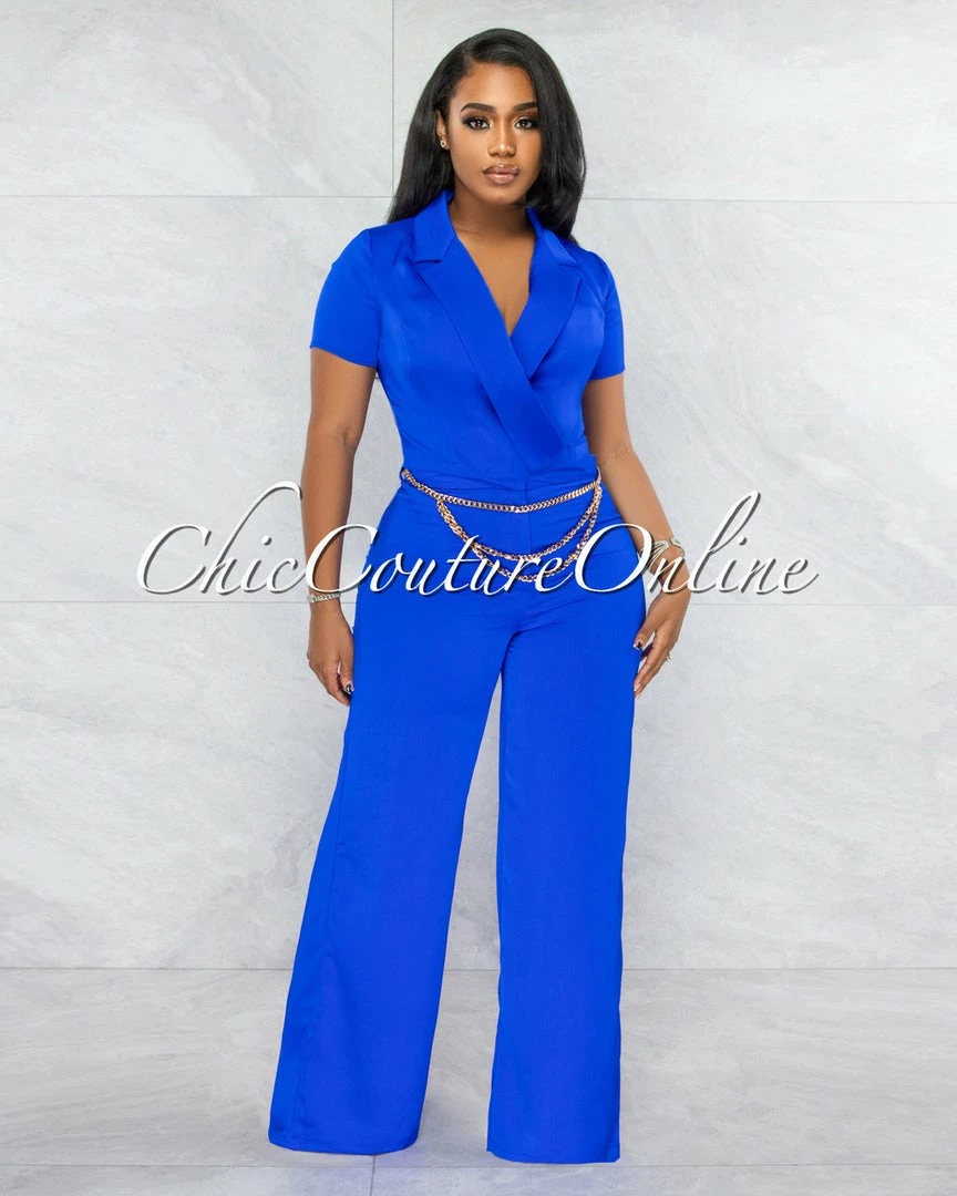 Vendor-unknown Horatio Royal Blue Crop & Wide Pants Gold Link Belt Set JUST IN