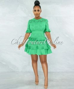 Chic Couture Online Knolly Kelly Green Lace Pleated Luxe Dress JUST IN