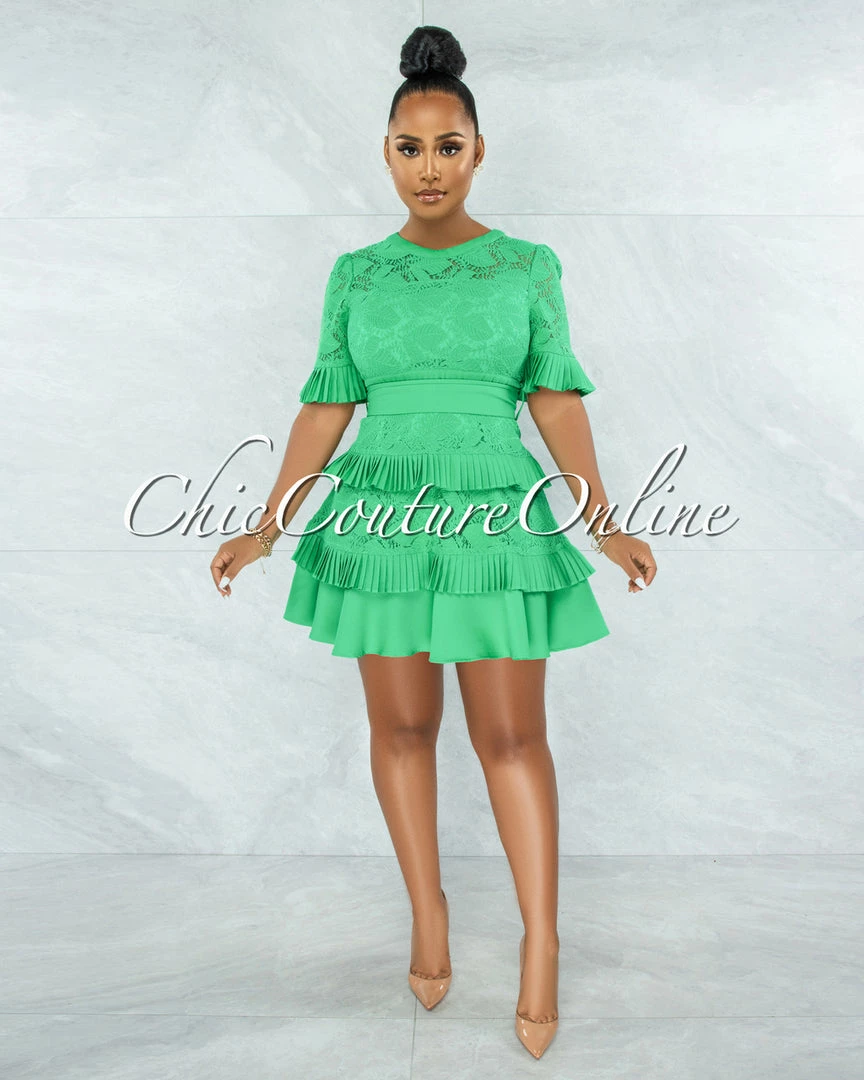 Chic Couture Online Knolly Kelly Green Lace Pleated Luxe Dress JUST IN