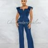 Vendor-unknown Tarima Dark Blue Denim Ruffle Sleeves Jumpsuit JUST IN