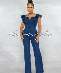 Vendor-unknown Tarima Dark Blue Denim Ruffle Sleeves Jumpsuit JUST IN