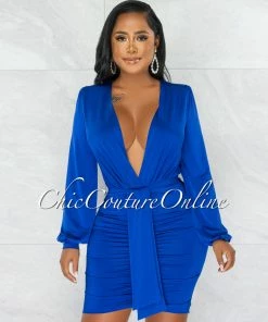 Chic Couture Online JUST IN Umaya Royal Blue Draped Bodysuit & Ruched Skirt Set