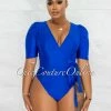 Chic Couture Online Vanya Royal Blue Waist Tie Straps Faux Wrap Bodysuit