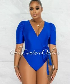 Chic Couture Online Vanya Royal Blue Waist Tie Straps Faux Wrap Bodysuit