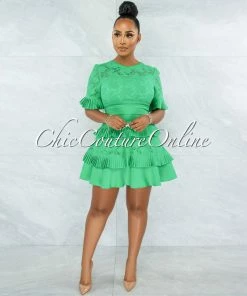 Chic Couture Online Knolly Kelly Green Lace Pleated Luxe Dress JUST IN