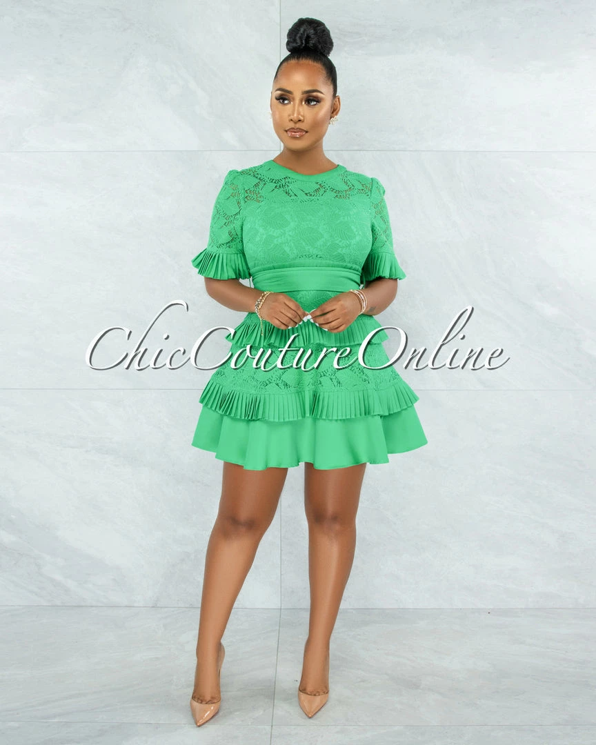 Chic Couture Online Knolly Kelly Green Lace Pleated Luxe Dress JUST IN