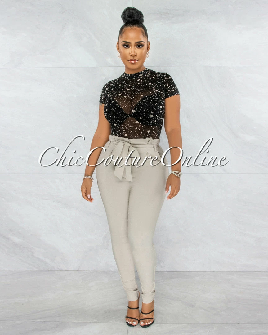 Vendor-unknown Kerta Black Nude Stars Print Sheer Mesh Bodysuit JUST IN